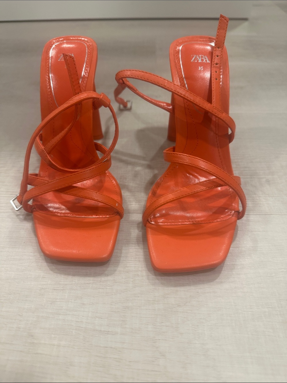 Zara Bright Orange Strappy Square-Toe Heels